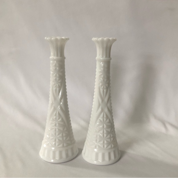 Vintage Farmhouse White Milk Glass Tall Bud Vases 9” - Set of 2 - Picture 2 of 10